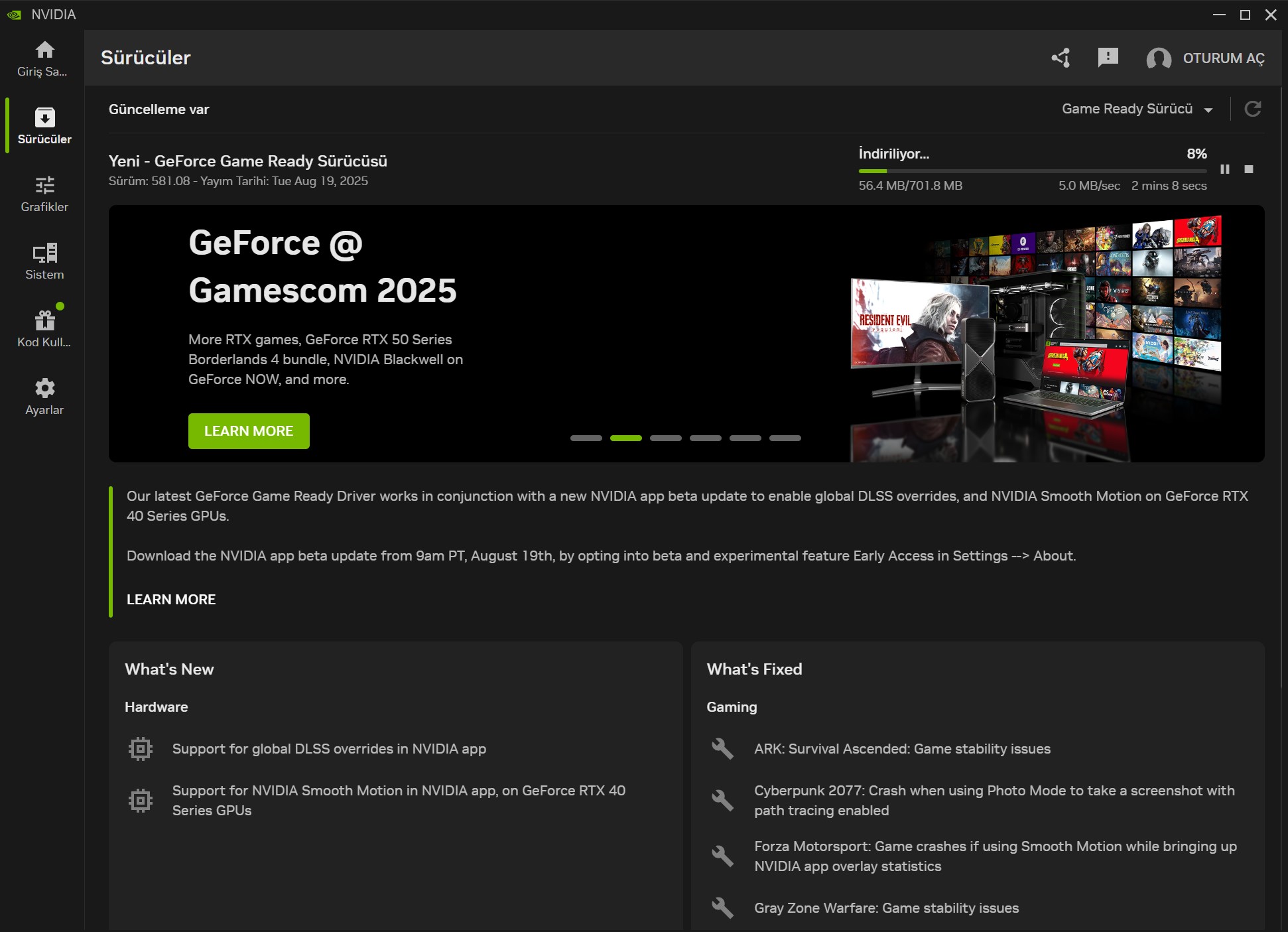 NVIDIA ekran kartı güncelleme