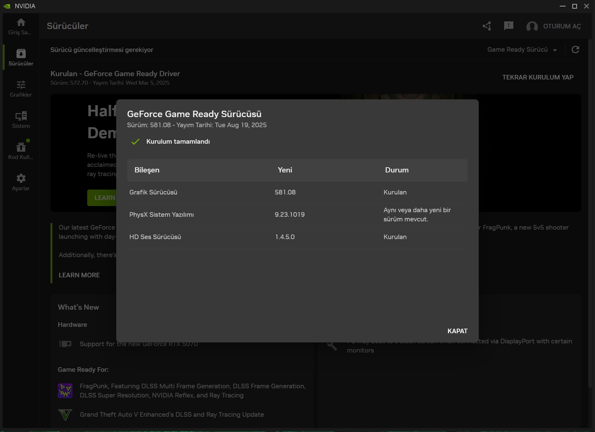 NVIDIA ekran kartı güncelleme