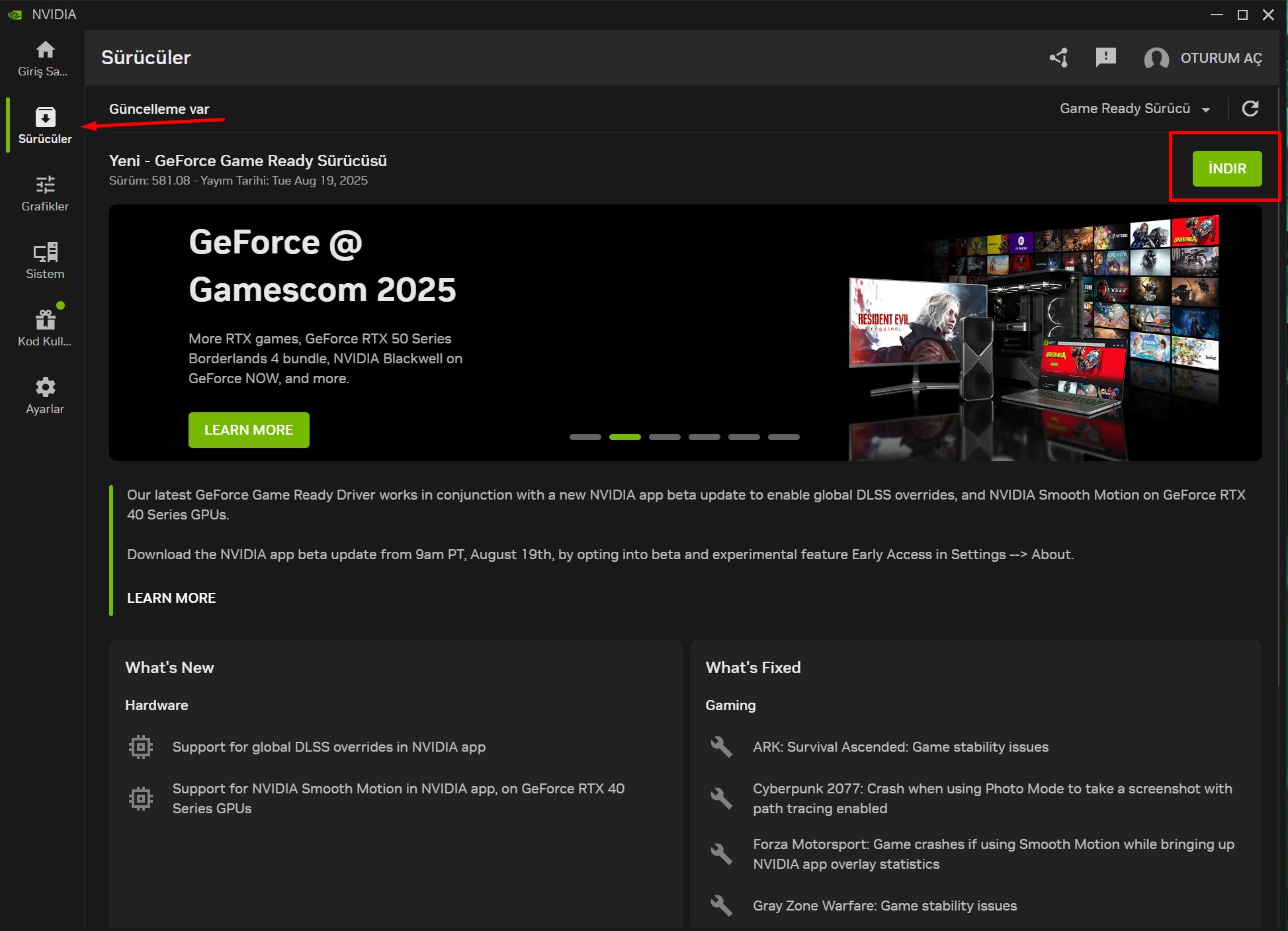 NVIDIA ekran kartı güncelleme