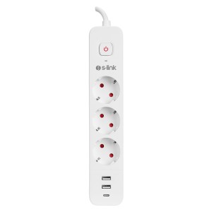 S-link SPG03TC 2 Usb +1Type C 5V2.4A 1.5m 3x1.00mm 100% Bakır 750 Joule 3 lü Anahtarlı Akım Korumalı