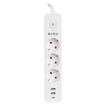 S-link SPG03TC 2 Usb +1Type C 5V2.4A 1.5m 3x1.00mm 100% Bakır 750 Joule 3 lü Anahtarlı Akım Korumalı