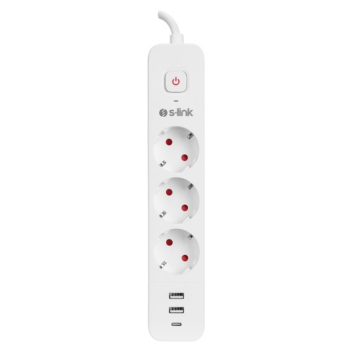 S-link SPG03TC 2 Usb +1Type C 5V2.4A 1.5m 3x1.00mm 100% Bakır 750 Joule 3 lü Anahtarlı Akım Korumalı